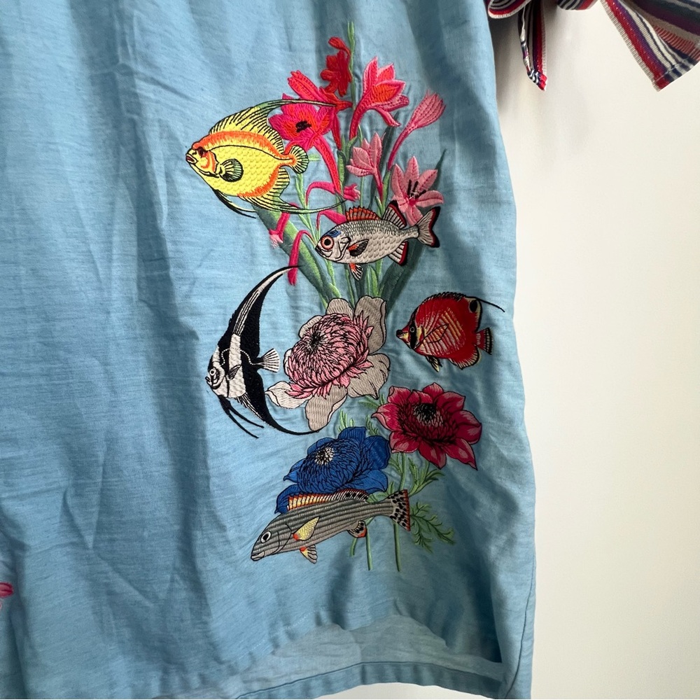 Vilagallo Embroidered Patch Tropical Fish Chambray Dress 44/10 Floral Resortwear - Picture 4 of 14
